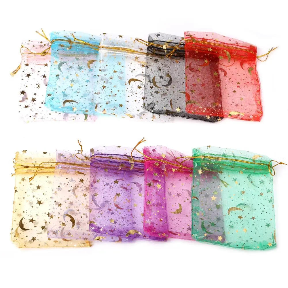 50pcs 9x12cm 스타 문 크리스마스 Organza 선물 가방 매력 보석 포장 Drawstring 가방 & 파우치 도매