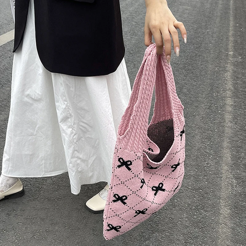 Bow Knitted Women's Bag Knit Eco Bag Korean Foldable Shopper