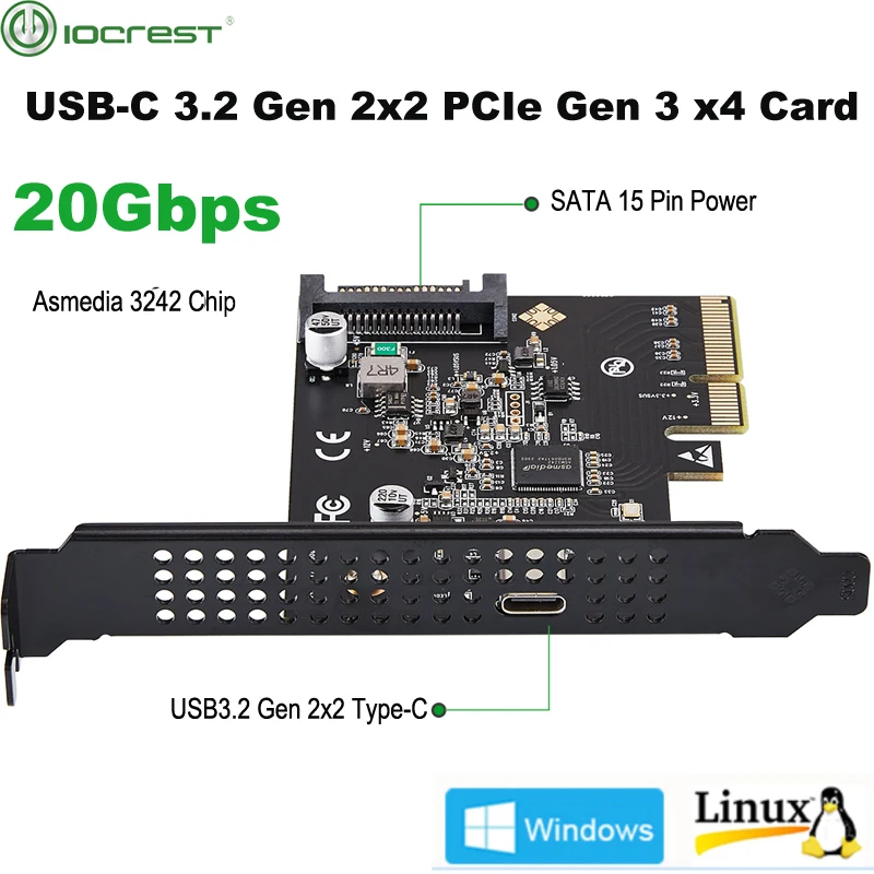 Iocrest Usb-c 3.2 Gen 2×2 Pci-e Gen 3×4 Tipo-c Placa de Expansão 20gbps Asmedia Asm3242 Chipconjunto com Sata 15 Pinos de Alimentação
