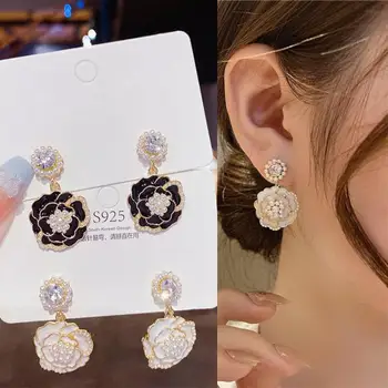 Elegant Pearl White Camellia Flower Drop Earrings For Women Earing Jewelry Zircon Earings Black Camellia Flower Earrings 2025