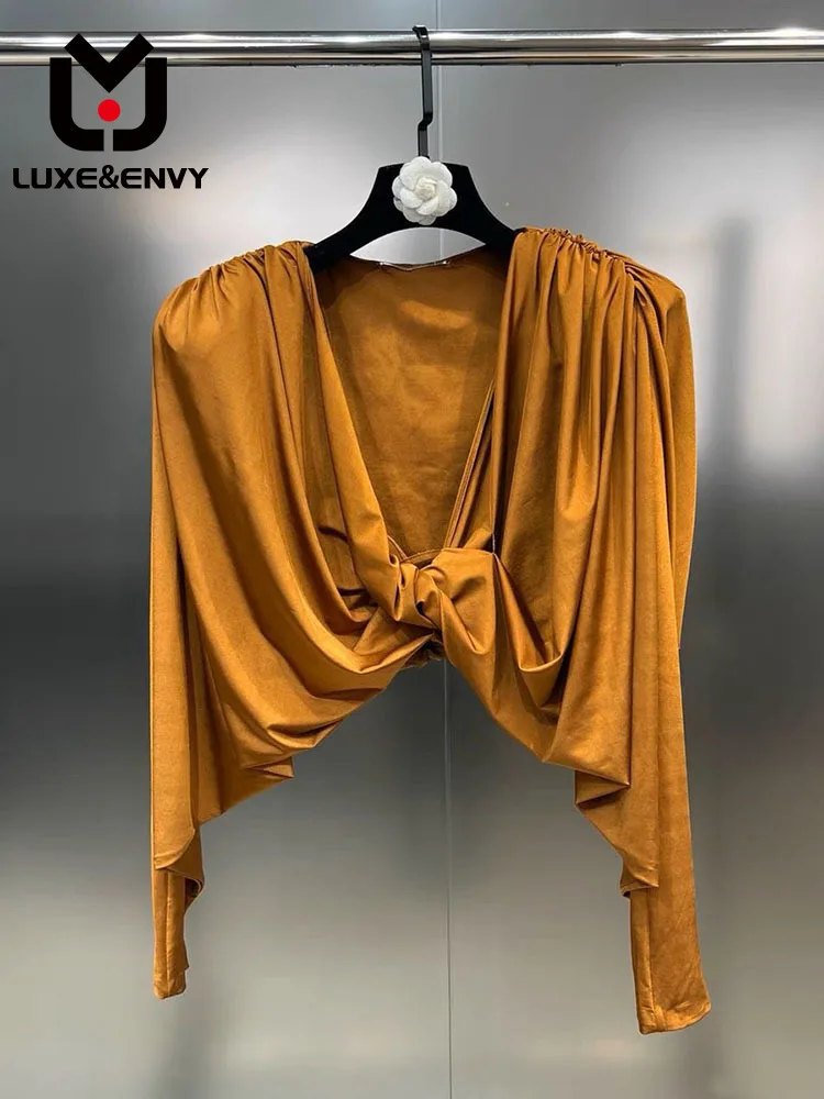 

2023 Autumn Deep V-neck Shoulder Pad Pleated Long Sleeve Waist Thin Acetic Acid Women's Shirt 2023 Autumn