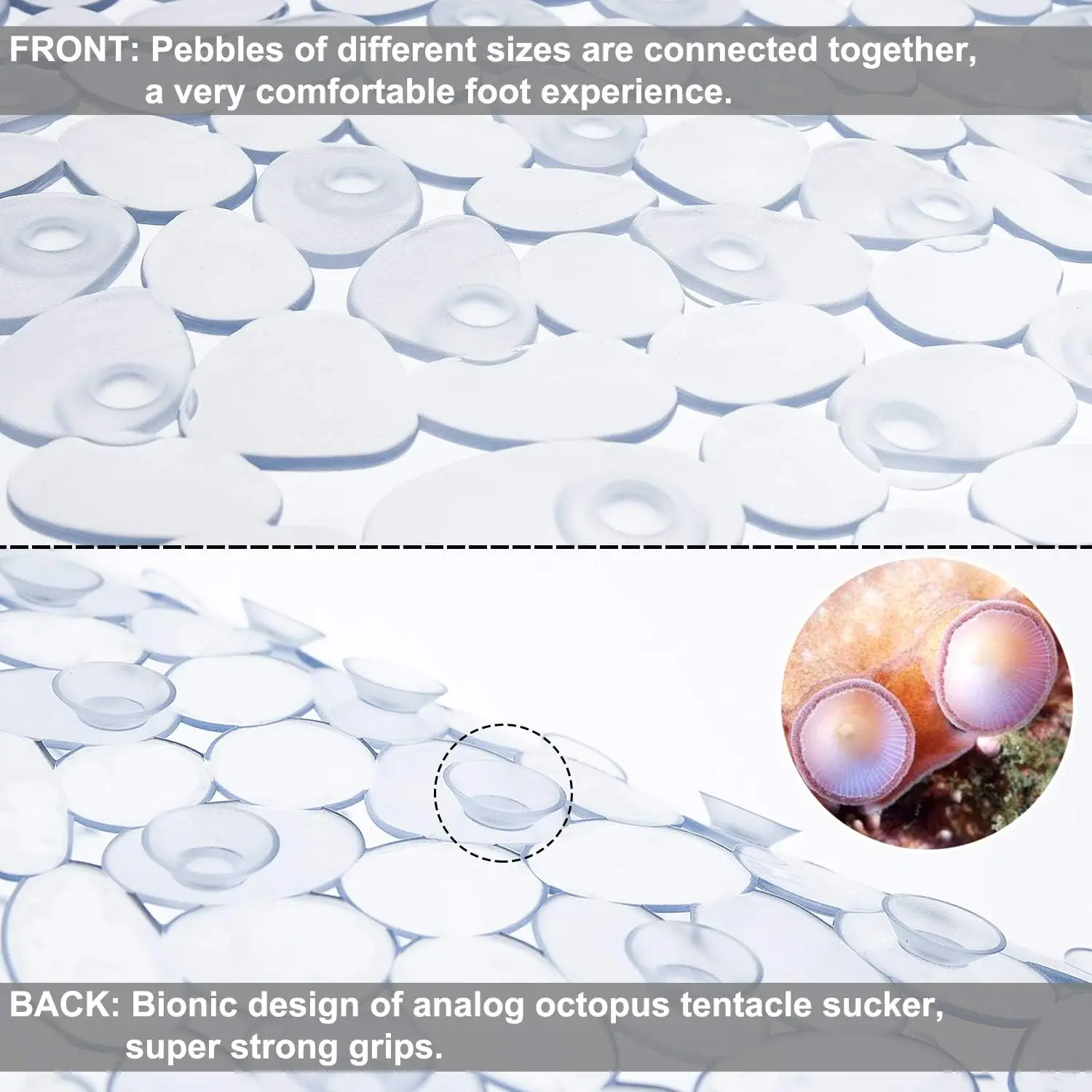 Gray PVC pebble-design shower mat with suction cups and drain holes.