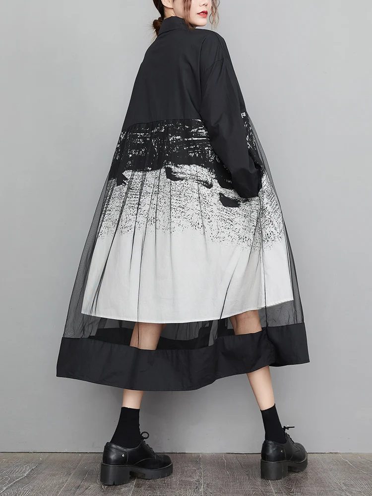 Mesh Patchwork Print Shirt Dresses For Women Long Sleeve Loose Casual Vintage Dress Fashion Elegant Clothing Spring Autumn 2025
