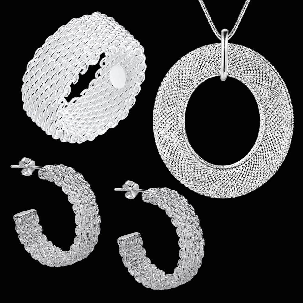 

wholesale Hot 925 sterling Silver Vintage weave Pendant necklace earrings stud rings for woman Fashion Party gifts Jewelry sets