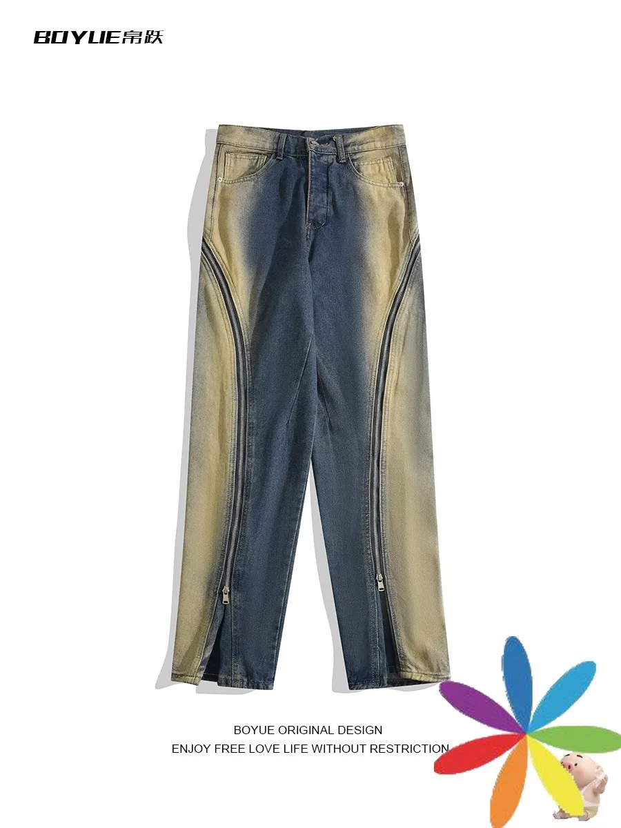 Multi Zipper Loose Straight Leg Floor Mop Jeans Men Women Kanye West Hip Hop Denim Pants