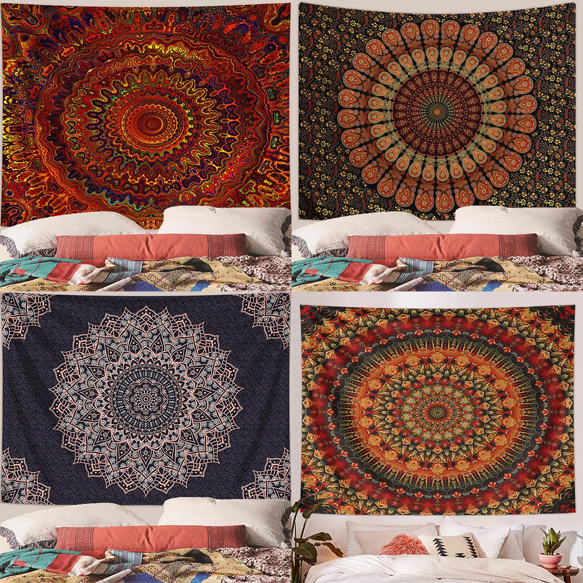1pc Bohemian Mandala Tapestry, Retro Plant Flower psychedelic Tapestry, Hippie Style Room Decoration Wall Hanging 1