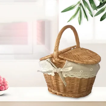 Wicker Basket with Handle Double-Lid Large Camping Picnic Handmade Willow Weaving Storage Hamper Outdoor Fruit Holder Organizer 2