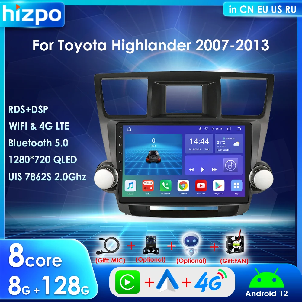 Hizpo 8 Core 2din Android 12 Autoradio for Toyota Highlander 2007-2013 Carplay Car Radio Multimedia Player GPS Navigation BT RDS