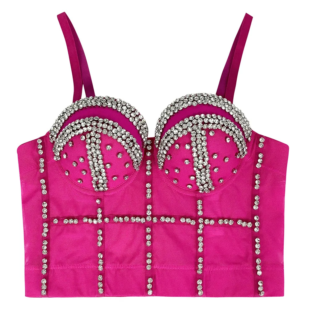 New Women Mesh Camisole Top Beaded Bright Diamonds Fashion Backless Crop Top Bustier Bra Night Club Party Tank Tops