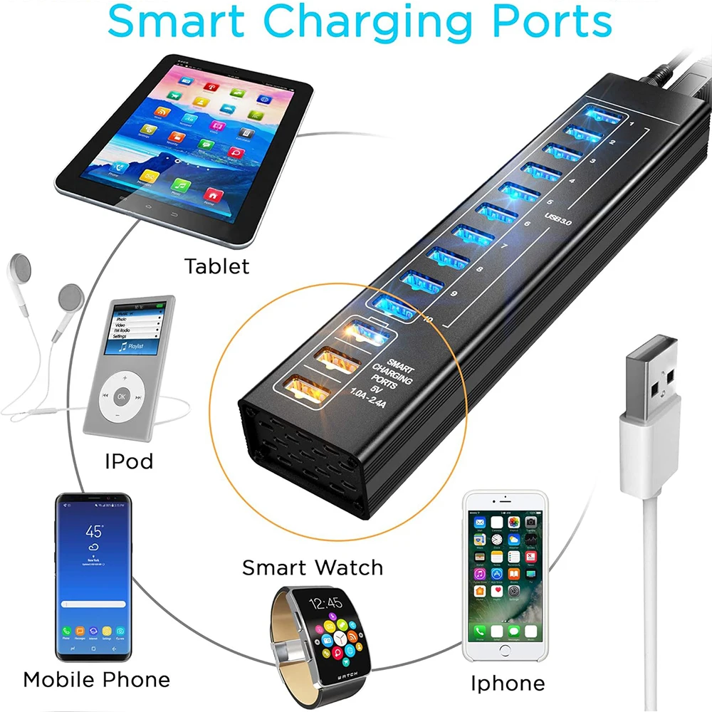 Ultra-Fast Aluminum USB 3.0 Hub with LED Light and Power Adapter