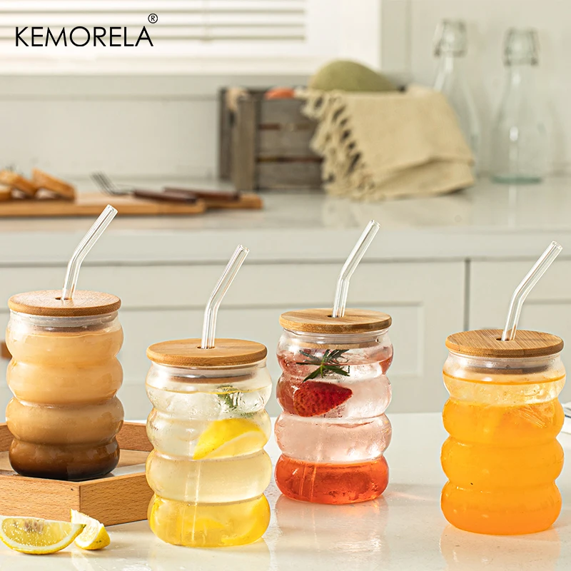 4PCS Creative Glass Cup with Lid Straw Heat-resistant Wave Cup Beer Juice Ice Coffee Cups Cocktail Fruit Bubble Glass Drinkware glass cup