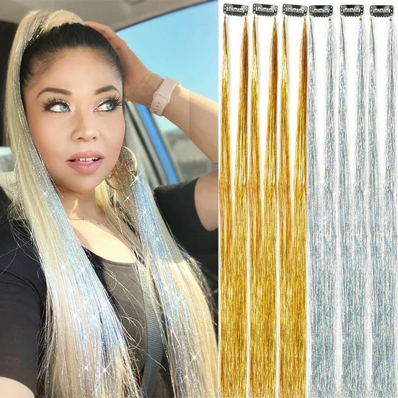 22"Colored strands for hair Shiny Tinsel Sparkle Clip In Hair