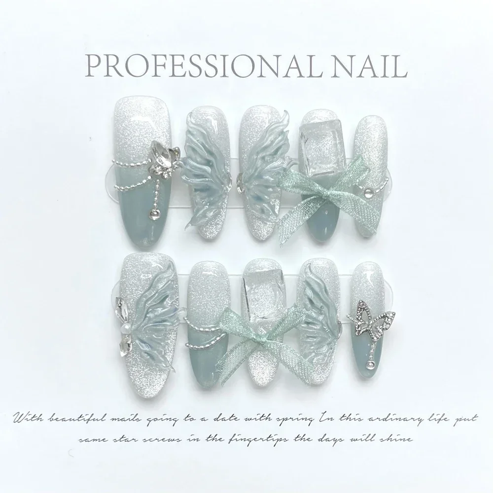 

Handmade Almond Press on Nails Long Korean Cat Eye Fairy Butterfly Bow Design Reusable Adhesive False Nails Full Cover Nail Tips