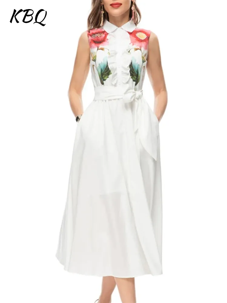 

KBQ-Women's Floral Printing Spliced Lace Up Dresses, Lapel Sleeveless High Waist Folds, Hit Color Slimming Dress, Female Fashion