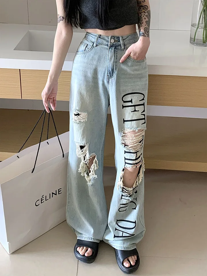 Calça Jeans OYOANGLE Feminina | Cintura Alta Rasgada Estampa Y2K