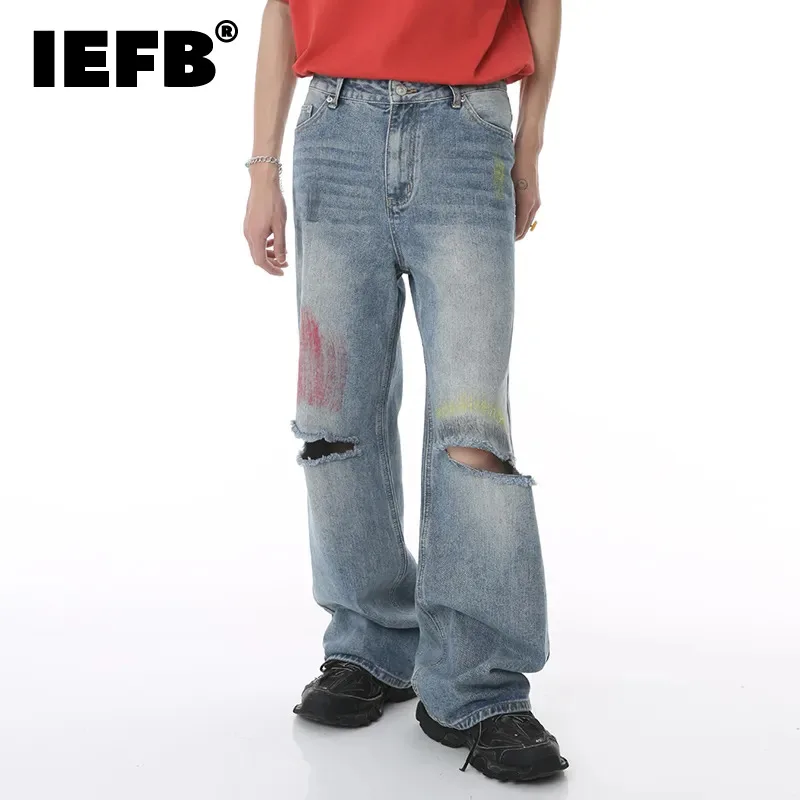 

IEFB Men's Jean Fashion Graffiti Baggy Denim Pants Loose Wide Leg Personality Korean Style Worn Out Streetwear Autumn New 9C942