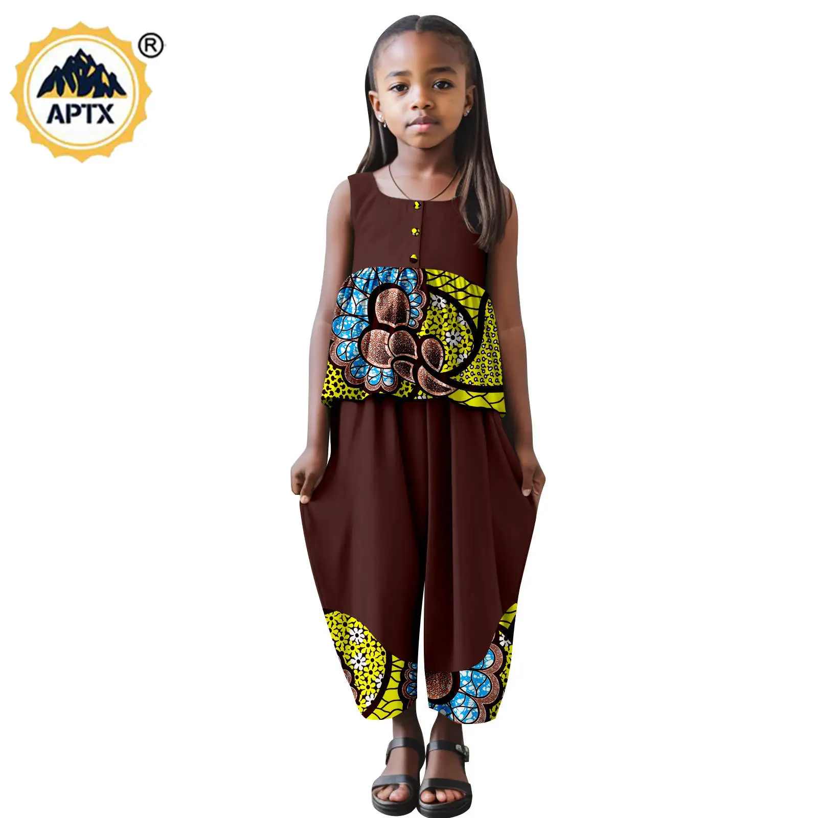 African Clothes Dashiki Cotton Sleeveless Top and Wide Pant Sets Baby Girl Outfits Bazin Riche Summer Children Outwear 2446004