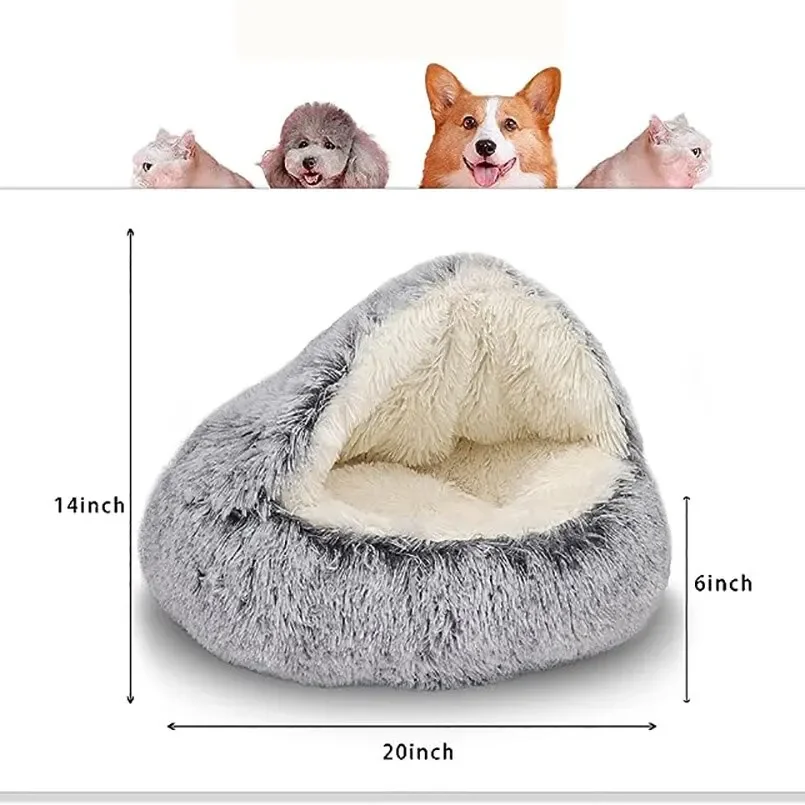 Soft Plush Pet Bed with Cover Round Cat Bed Pet Mattress Warm Cat Dog 2 in 1 Sleeping Nest Cave for Small Dogs 2