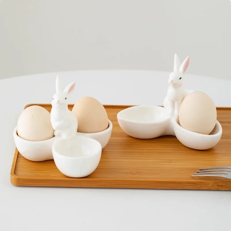 Portauova In Ceramica - Set Di 2 Con Design Coniglio 3D, Ideale Per Colazione, Regalo Pasqua O Natale - Foto 3
