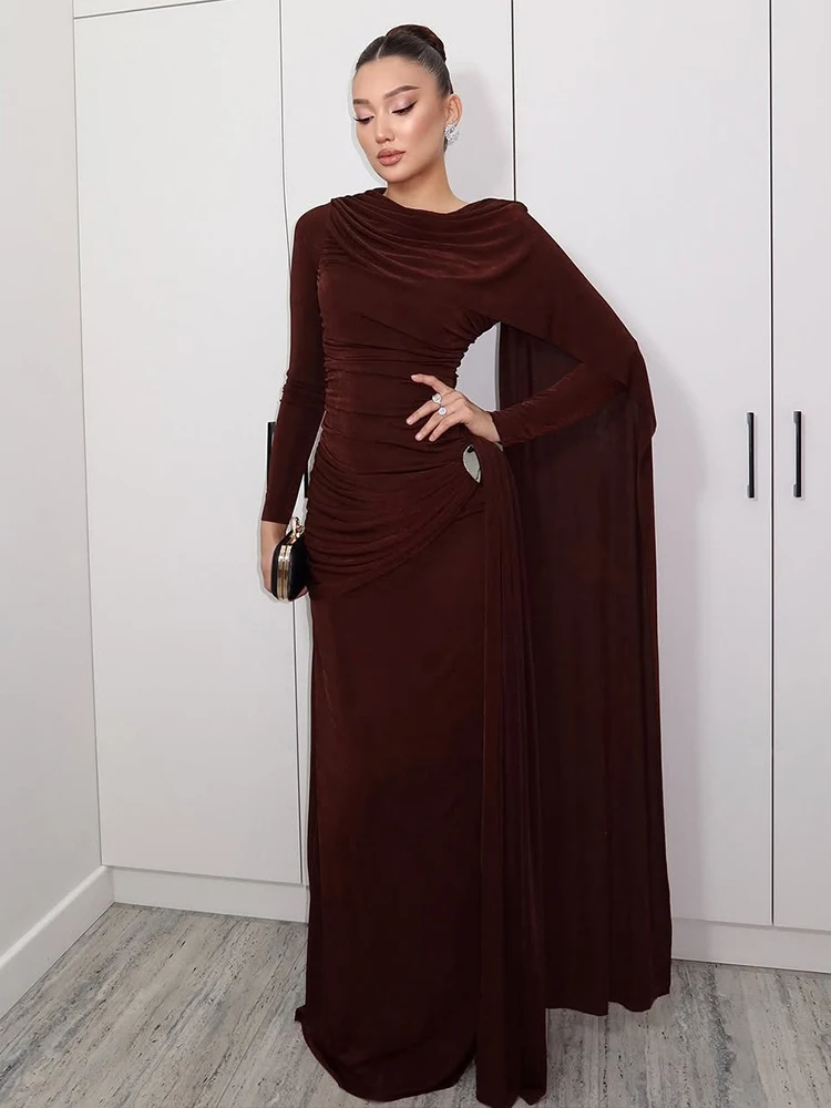 Nibber Fashion Ruched Casual Maxi Dress Woman Elegant o-Neck Full Sleeve Ribbon Decoration Daily Versatile Style Skinny Vestidos