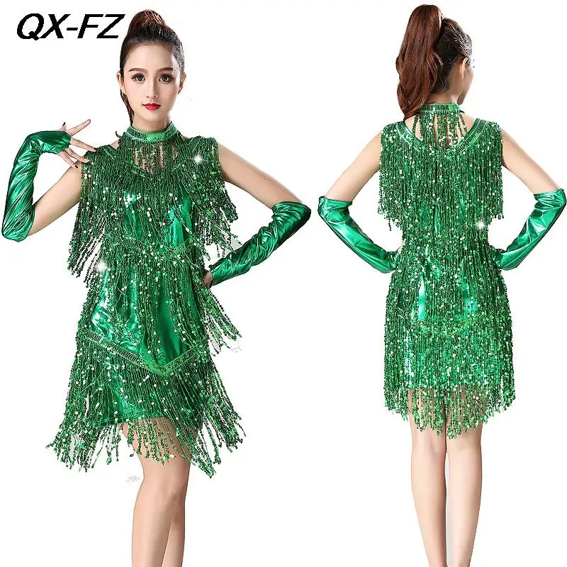 

Женское платье для латиноамериканских танцев, платье с блестками для девушек, платье для румбы, сальсы, Танго, платья для взрослых с бахромой и V-образным вырезом, костюм, платье для выступлений, 1920