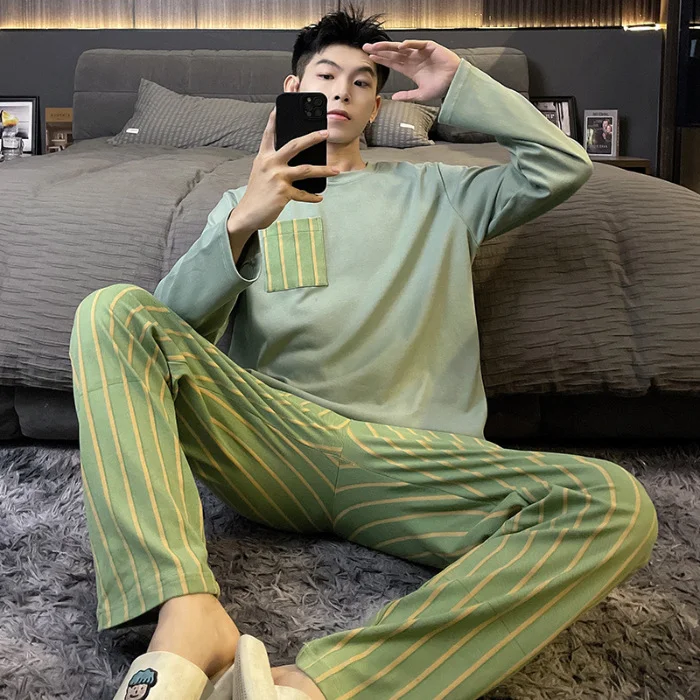 Double pocket sleepwear men's long sleeved autumn and winter cotton striped Korean version can be worn outside_voghion.com