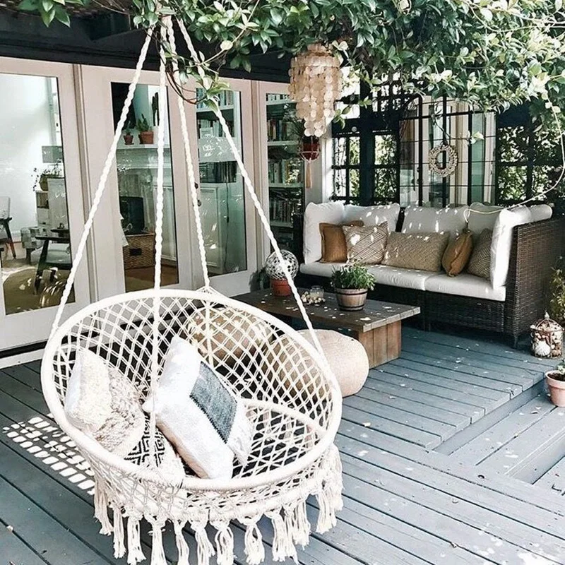 Nordic Style Round Hammock Swing Chair Safety Hanging Hammock Rope Hanging Garden Seat Beige Knitting Rope Swing Balcony Chair camping hammock disc swing