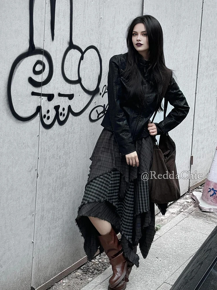 ReddaChic Alt Goth Contrast Plaid Skirt Grunge Retro Elastic Waist Raw Edge Irregular Ruffle Long Skirt Plus Size Women Clothes