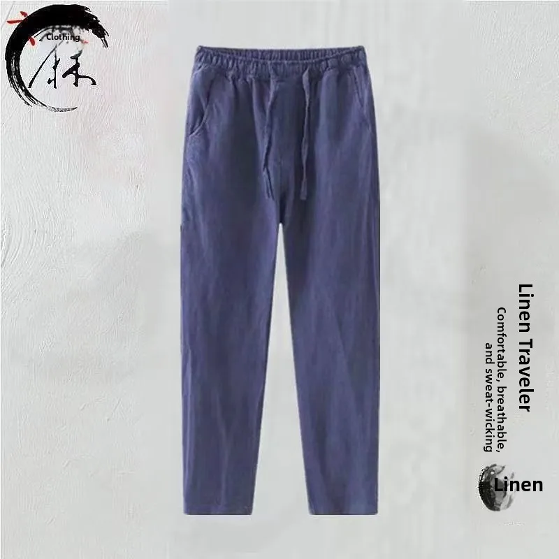 Lightweight Loose Fit White Linen Straight Leg Pants Nine-Tenths Casual Trousers for Men Sli Summer Cotton Linen Blend