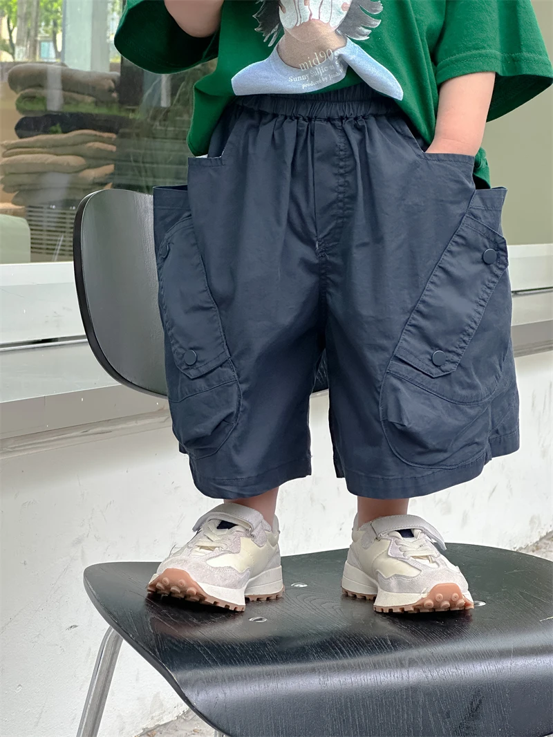 아동용 포켓 단추 반바지, 캐주얼 바지, 한국판, 여름 2024 신상