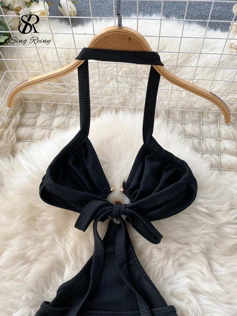 SINGREINY Sensual Camis Female Dress French Sleeveless Lace Up Sheath Dress 2023 Women Slim Short Halter Backless Sexy Dress 4