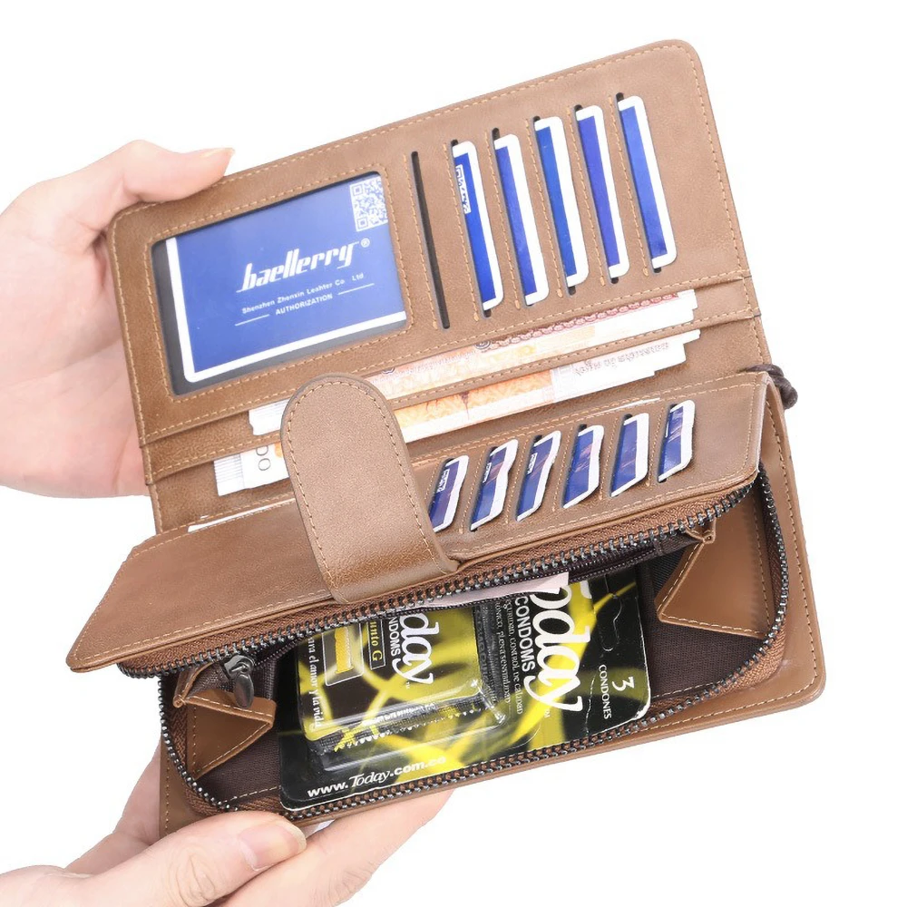 Baellerry Men's Long PU Wallet with Snap Button & Zipper Large Capacity Multi - Card Slots Organized Compartments Casual Clutch