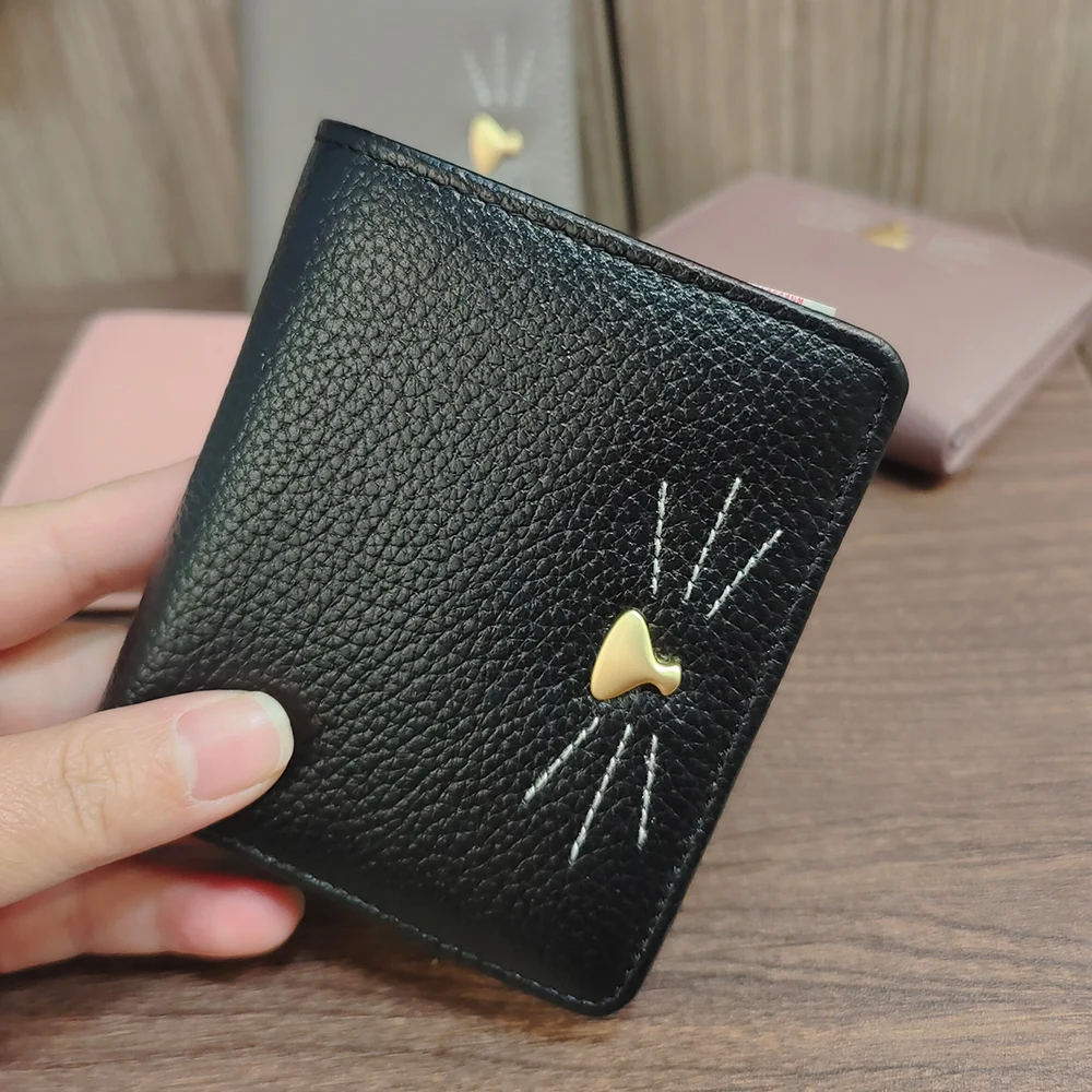 

Ladies Genuine Cow Leather Elegant Slim Short Wallet Cute Animal Kitten Cat Money Bag Card Holder Purse