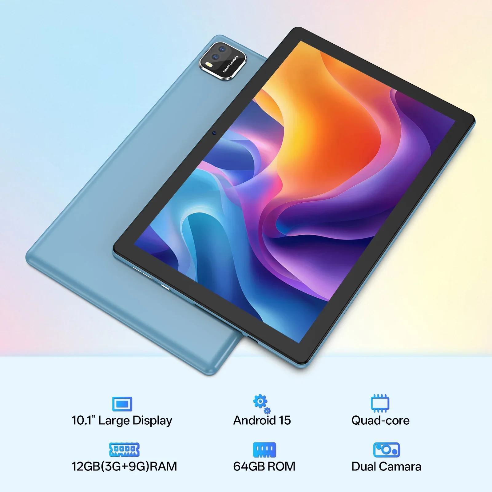 10-inch tablet PC, Android 15 system, quad-core processor, 12 (3+9) GB + 64GB storage, expandable up to 1TB, supports WiFi 6,