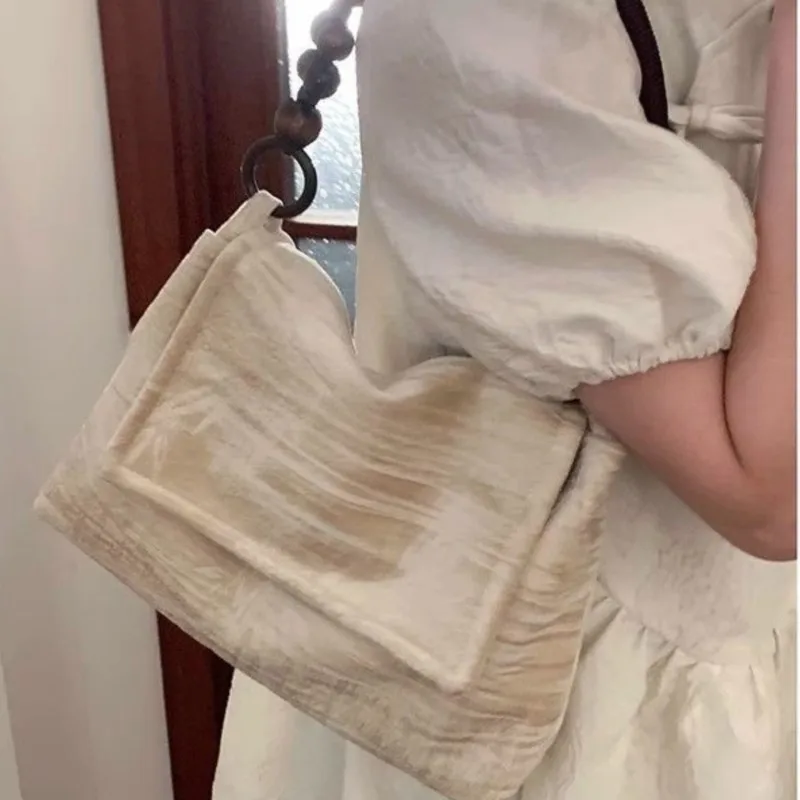 Retro Velvet Beige Handbag Women Beaded Handle Square Large Capacity Shoulder Bags Ladies Elegant Gentle Versatile Underarm Bag