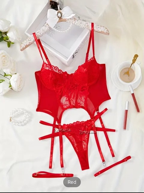 Women's Floral Lace Garter Lingerie Set with Choker