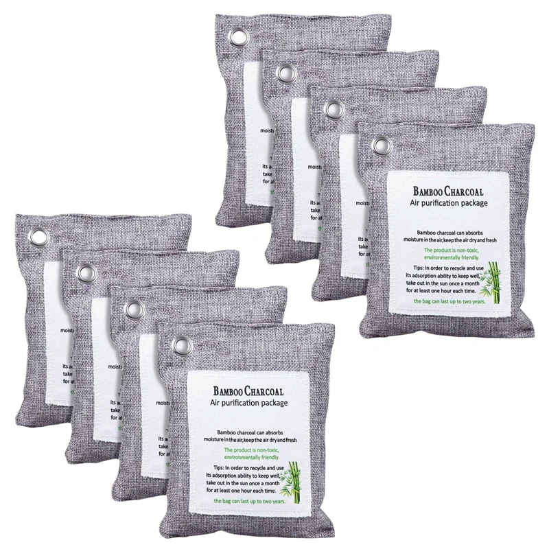 Activated Bamboo Charcoal Bag Odor Remover 200g X 8, Air Purifying Bags For Home, Car, Closet