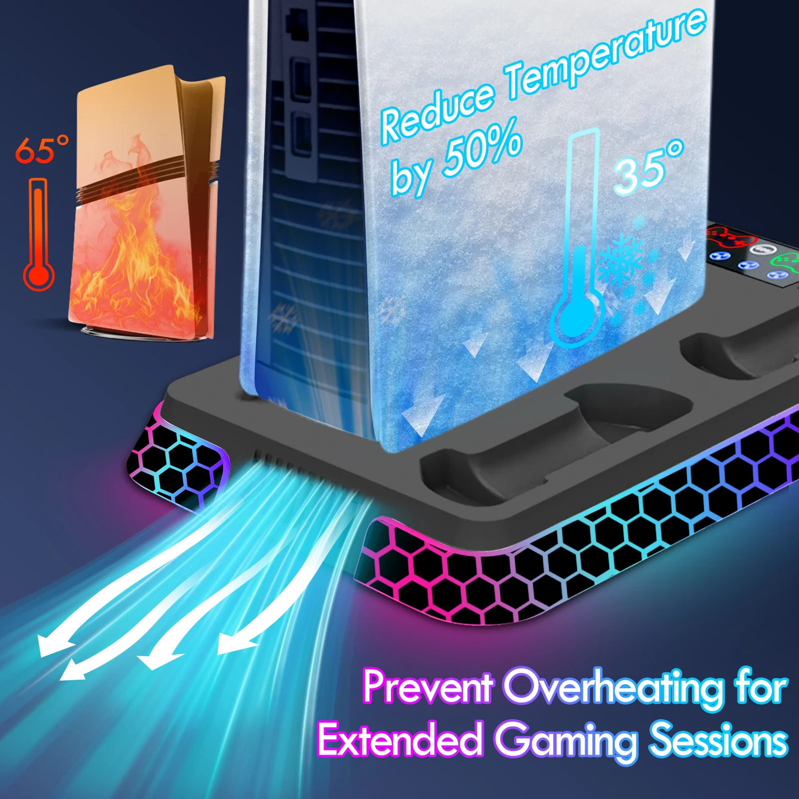 PS5/PS5 슬림/PS5 Pro 모델용 올인원 쿨링 스탠드 베이스: YH66S (RGB 조명 효과, 수납 기능 및 컨트롤러 포함)