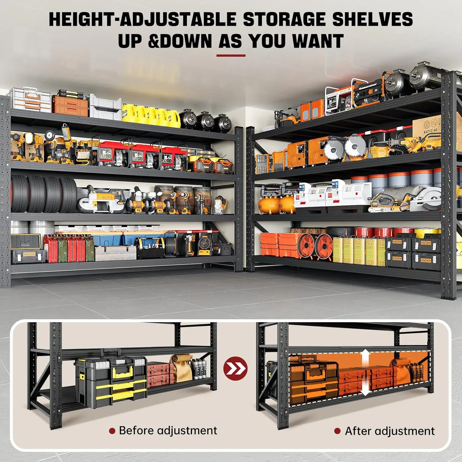 71" W Garage Shelving Heavy Duty Metal Adjustable Garage Shelves, Shelving Units Industrial Shelving for Warehouse