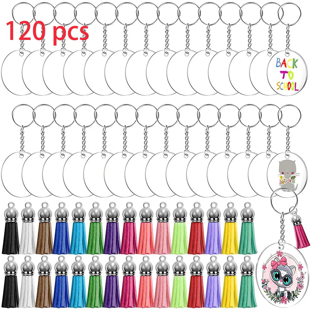 

120pcs Acrylic Transparent Circle Discs Circle Key Chains Clear Round Acrylic Keychain Blanks and Tassel Pendant Keyring Crafts