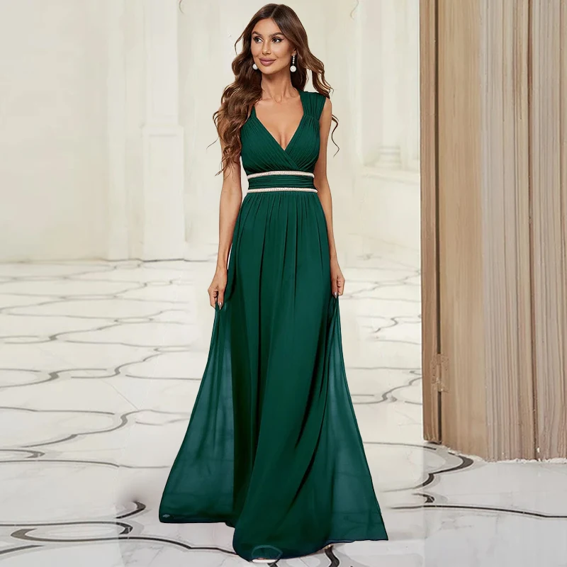 

Elegant Chifffon Bridesmaid Dresses Simple Ruffles Wedding Party Dress For Women Beaded Waist Floor-Length Vestidos Para Bodas