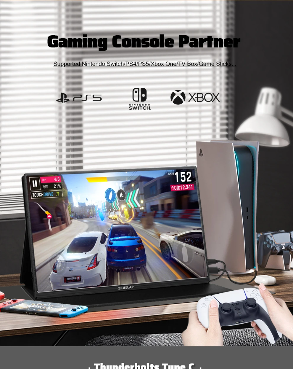 ZEUSLAP 16" 2,5K 144 Hz Tragbarer Monitor 2560*1600 16:10 100 % sRGB 500Cd/m² Reise-Gaming-Display für Laptop Switch PS4 Ps5 Xbox