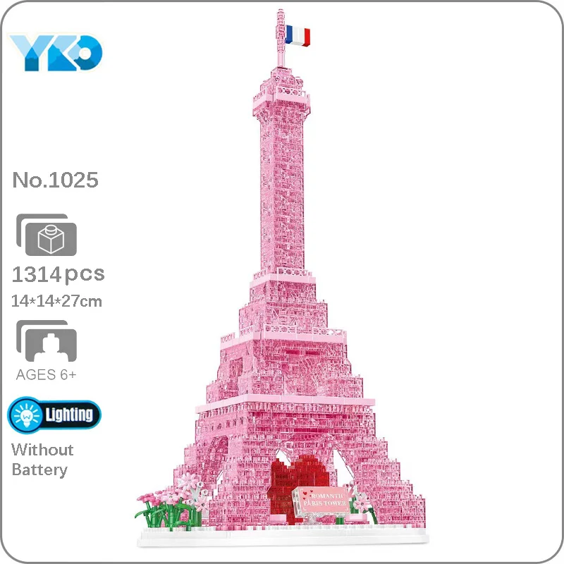 YKO 1025 World Architecture Pink Crystal Romantic Eiffel Tower Heart