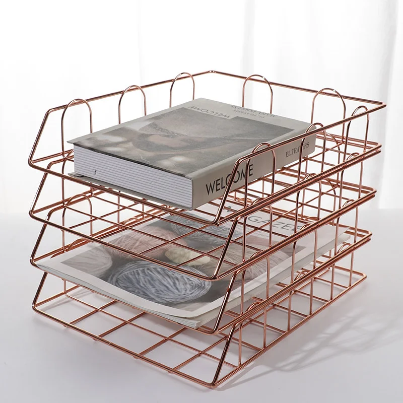 Nordic Golden Metal Stackable Desk File Rack Iron Document Paper Trays Storage Basket Desktop Book Shelf Stationery