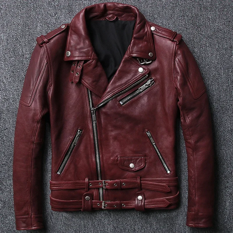 

5 days arrival,Men's Genuine Leather Motorcycle Jacket Brand Tanned Vintage Sheepskin Oblique Zipper Biker Jackets Retro Coat