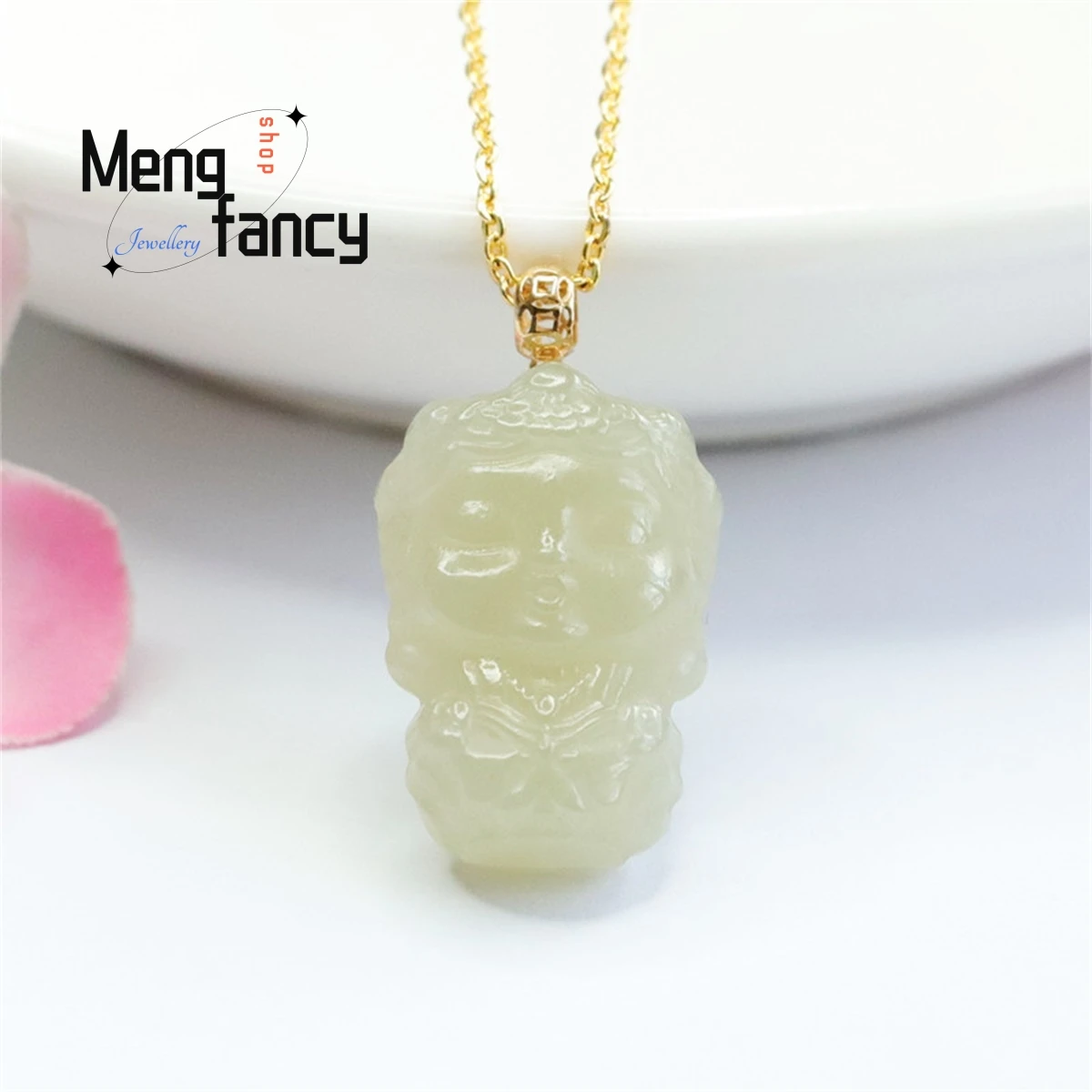 

Natural Hotan Jade Inlaid 18k Gold Clear Water Baby Green Tara Pendant Necklace Simple Generous Personality Charm Fashion Women