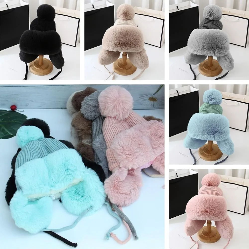 

Plush Earflap Hat Fashion Faux Fur Knitted Ear Protection Hat Windproof Thickening Bomber Trapper Hat Women Outdoor Winter Gift