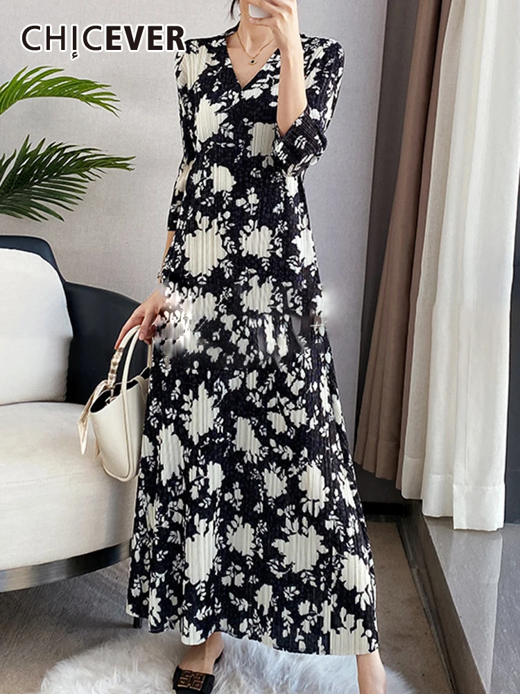

CHICEVER Print Vintage Dresses For Women V Neck Long Sleeve High Waist Loose Folds Colorblock A Line Spring Maxi Dress Female