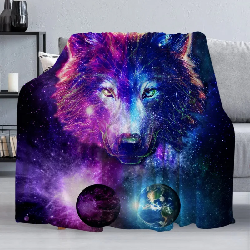 

Colorful Galaxy Wolf Blanket, Soft Cozy Warm Fuzzy Flannel Throw Blankets, Wolf Purple Planet Blue Earth Blankets for Sofa Bed