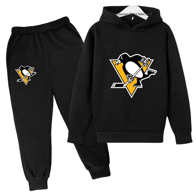 Детские модные костюмы Pittsburgh Penguins, 2 шт., толстовка + штаны для бега, спортивные костюмы для мальчиков и девочек, спортивные костюмы, комплекты детской одежды